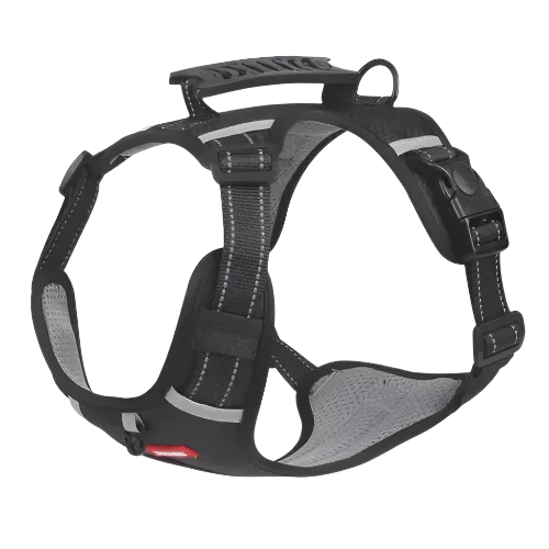 Black no-pull dog harness with reflective straps, sturdy handle, breathable padding, and adjustable fit.