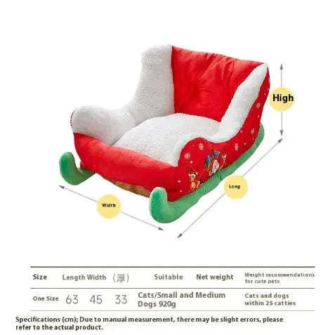 Holiday-themed Christmas Sleigh Pet Bed with soft cushioning for your pet’s comfort this Christmas.